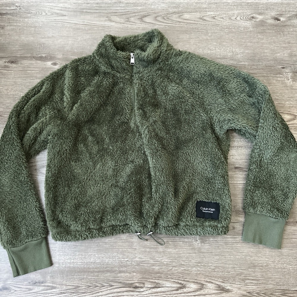 Calvin Klein Plush Sherpa Half Zip Pullover Womens M Olive Green Performance